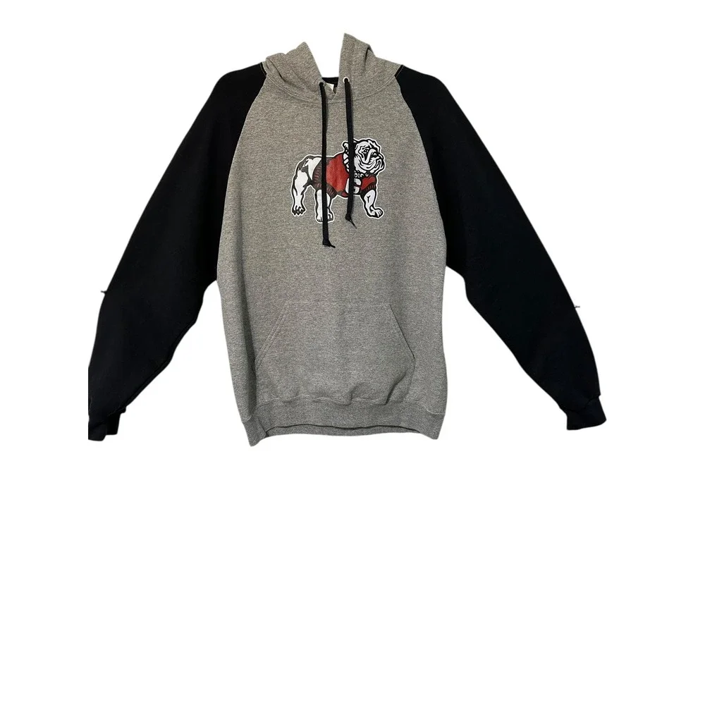 Mens Gray Black Bulldog Graphic Raglan Hoodie Sweatshirt‎ Size L
